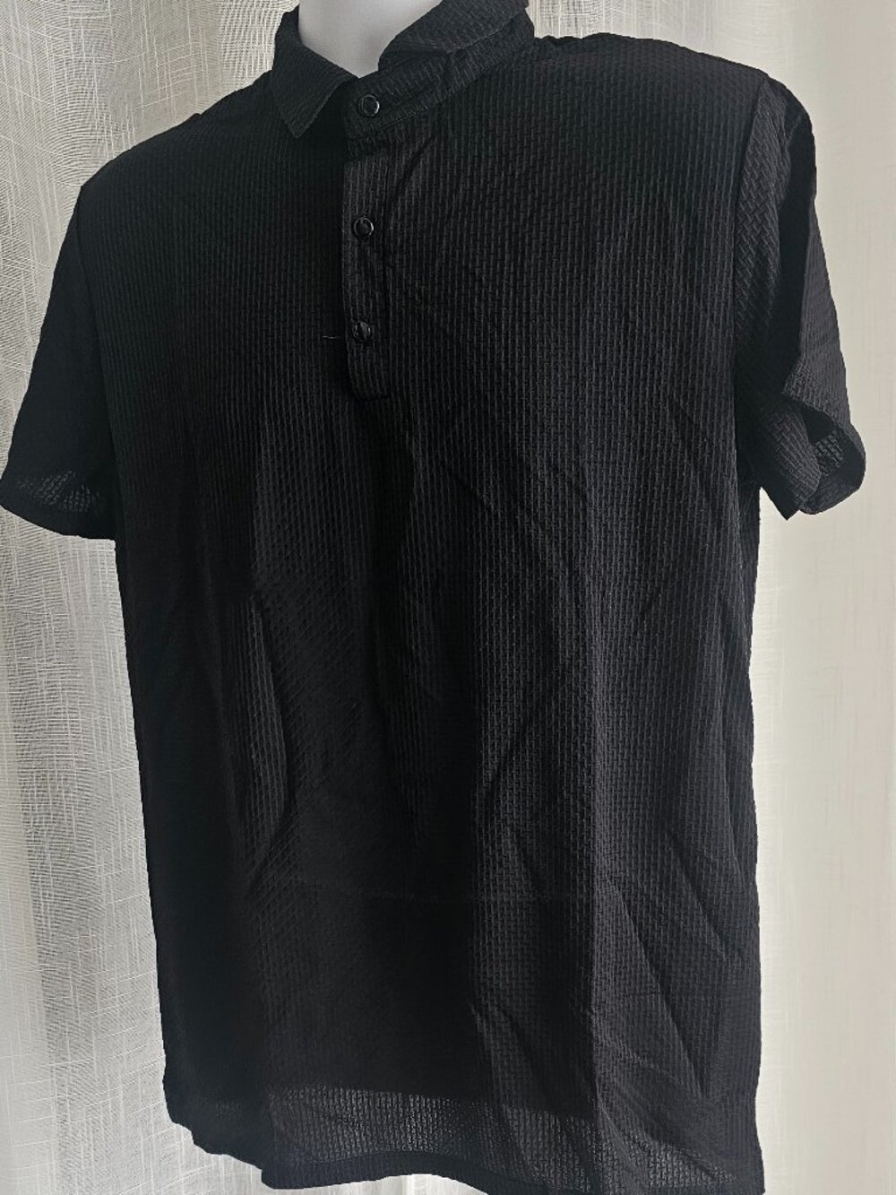 Men Solid Waffle Short Sleeve Button Polo Shirt Black Size M NEW